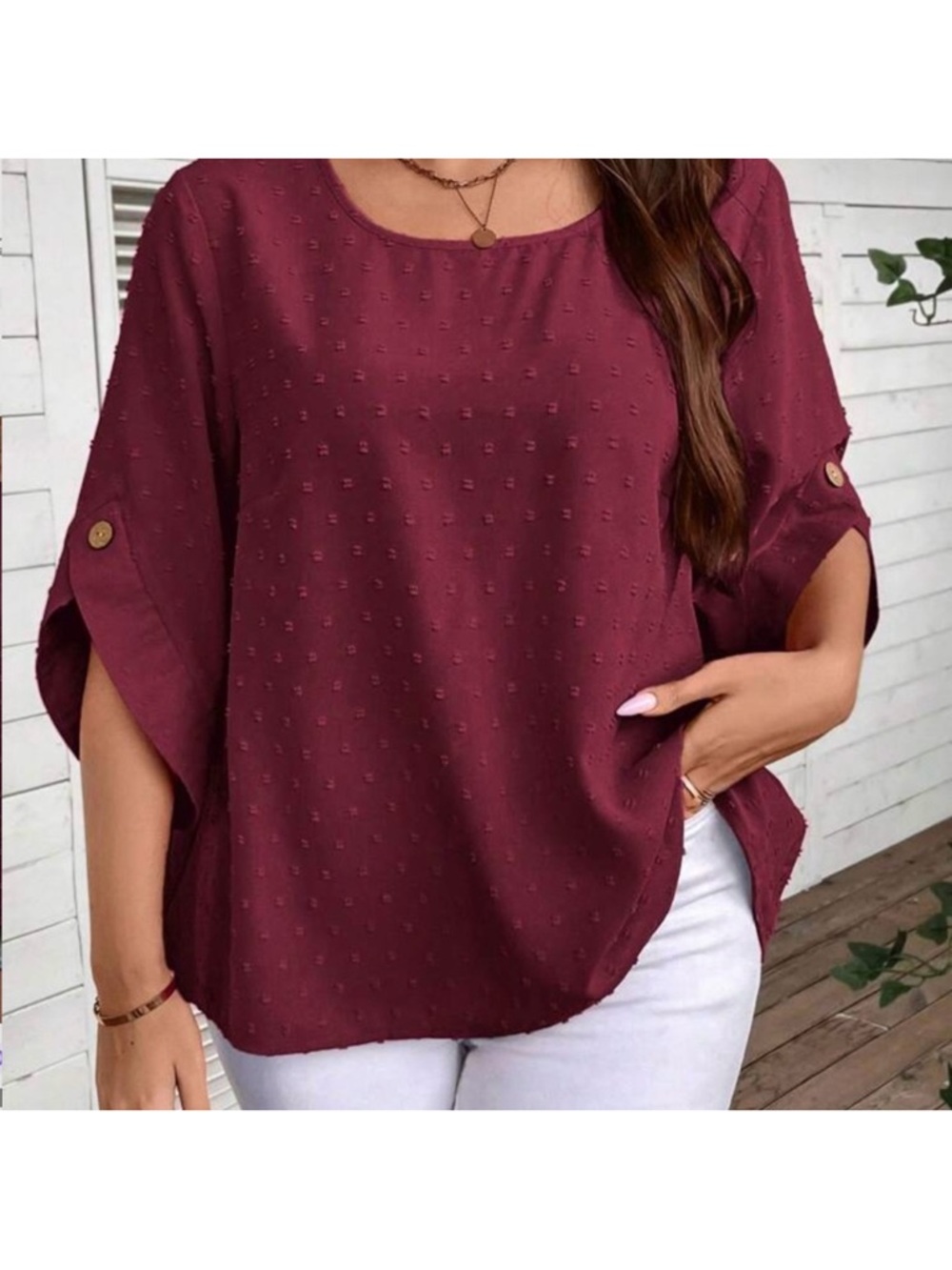 Women's Burgundy Swiss Dot Button-Sleeve Top